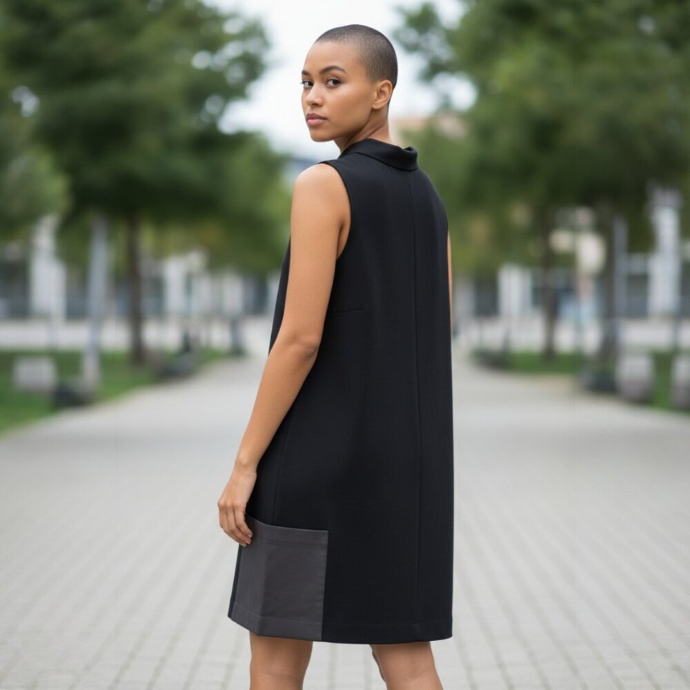 J'ENVIE Women's Black Sleeveless Sheath Dress Tunic Faux Leather Pockets L NWOT